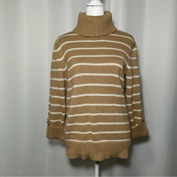 NWT Jones New York Turtleneck Women’s Medium Tan Gold Stripped Cuffed Sleeve - Picture 1 of 11